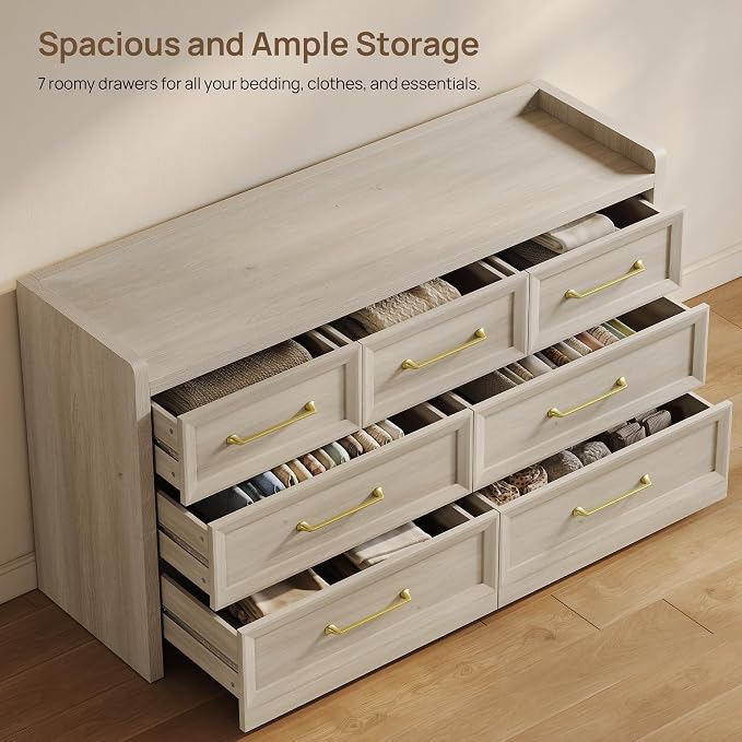 SICOTAS Dresser for Bedroom with 7 Drawers, 56.5" Wide Large Modern Dresser | Chest of Drawers for Living Room, Closet Clothes Storage Organizer Smooth Sliding Drawers, Grey White Oak