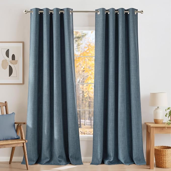 NICETOWN Faux Linen Mist Blue Blackout Curtains 84 inches Long | For Living Room, Privacy Panels, For Bedroom, Modern Style, Easy Care, Grommet Top, 2 Panels, W52 by L84