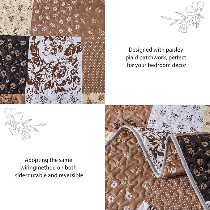 Mybedsoul Brown Quilt California King, Patchwork Floral Bedding Set | Soft Lightweight Microfiber Coverlet Set,3 Pieces Plaid Reversible Bedspread, Bed Sets for All Seasons 110"x96"