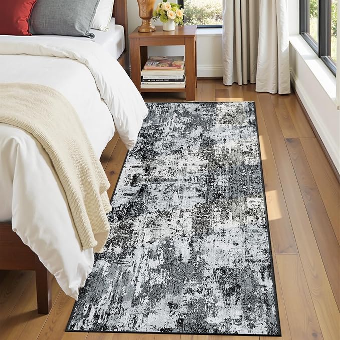 RELEANY Washable Runner 2'x6' Abstract Area Rug for Hallway Black White | Carpet for Kitchen, Entryway, Bathroom, Living Room, Bedroom, Printed Pattern, Non‑Slip, Soft, Stain‑Resistant, Easy to Clean
