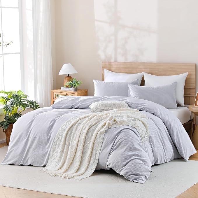 TOCOMOA Blue Striped Duvet Cover Set 100% Washed Cotton Like Linen, King | Linen-Like Feel Soft, Breathable & Comfy for All Season. Pinstriped Bedding Set with Zipper & 8 Ties. 3 Pcs, No Insert