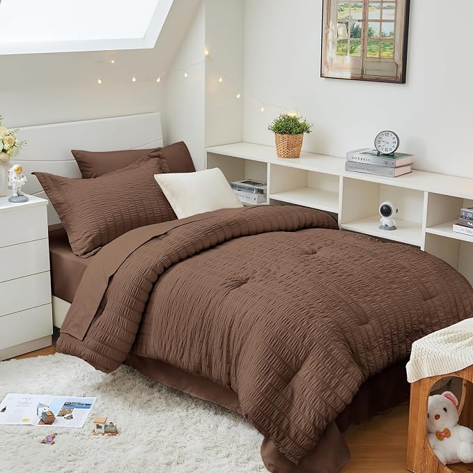 HYMOKEGE Dark Brown Twin XL Comforter Set Seersucker 5 Pieces, All Season Luxury Bed in a Bag for Bedroom, Bedding Set with Comforter, Sheets, Pillowcase & Sham