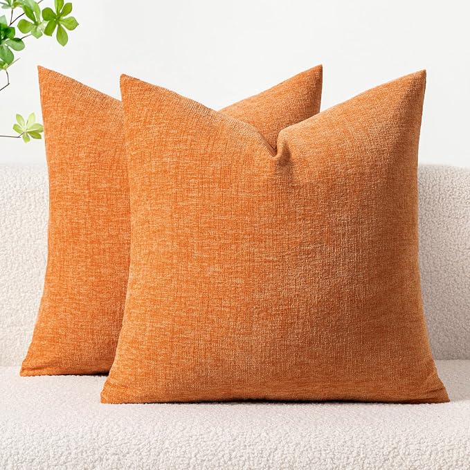 MIULEE Soft Chenille Fall Throw Pillow Covers Orange 18x18 Inch Pack of 2 | Modern Fall Home Decor, Classic Decorative Pillows, Solid Dyed Cases, Boho Couch Cushion Covers for Sofa Bed Living Room