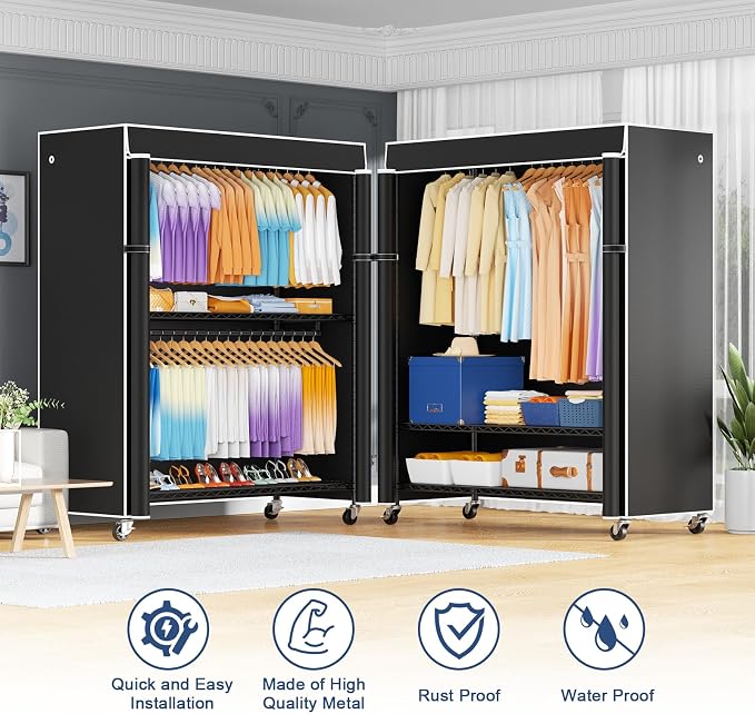 P8C Max Heavy Duty Clothes Rack（With Extended Width Design） Rolling Clothing Racks for Hanging Clothes with Lockable Wheels，51.2"W x 15.8"D x 80.5"H，Load 800LBS，Black Rack with Black Cover