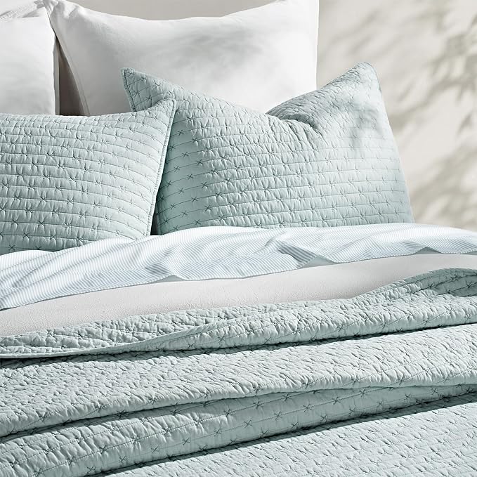 100% Cotton Cross Stitch 3-Piece Quilt Set, Queen, Seafoam Aqua | 100% Cotton, Elegant Cross Stitch, Soft & Breathable, Prewashed Softness, Oversized Design, OEKO-TEX® Certified