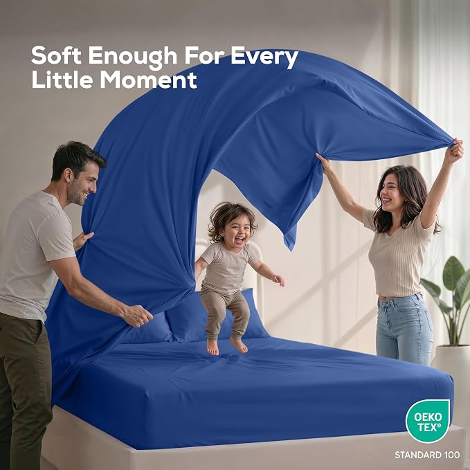 King Sheets Set, 4 Pieces 16" Deep Pocket Hotel Luxury Sheets, Royal Blue | Extra Soft Bedsheet Set, Comfy & Breathable Cooling Sheets, Wrinkle & Fade Resistant, Fitted Sheet, Flat Sheet, 2 Pillowcases