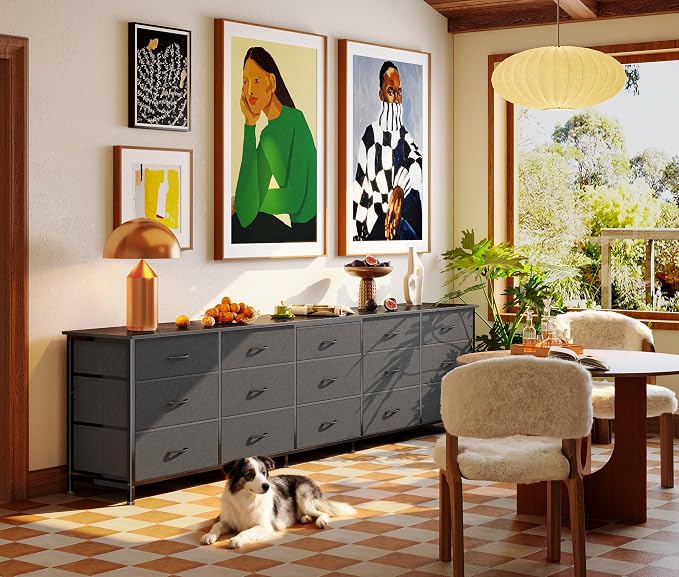 Huuger 86.6 Inch Long Dresser for Bedroom, TV Stand for 65, 75, 85 Inch TV | 15 Large Fabric Drawer Dresser, Entertainment Center for Bedroom, Wide Chest of Drawer with Storage