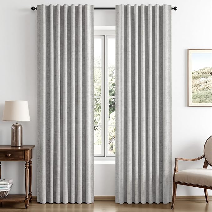 MIULEE 100% Blackout Linen Curtains 42 x 90 Inch Greyish White 2 Panels | Thermal Insulated, Room Darkening Drapes for Bedroom Living Room, Back Tab Rod Pocket Pinch Pleated, Solid Luxury Decor