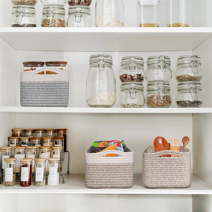 Goodpick 3-Pack Cotton Rope Baskets for Shelves, 13 x 8 x 5 in | Woven Baskets for Closet Fit Bedroom Lving Room, Baby Baskets for Gift Empty, Dog Toy Basket for Pets, White & Brown