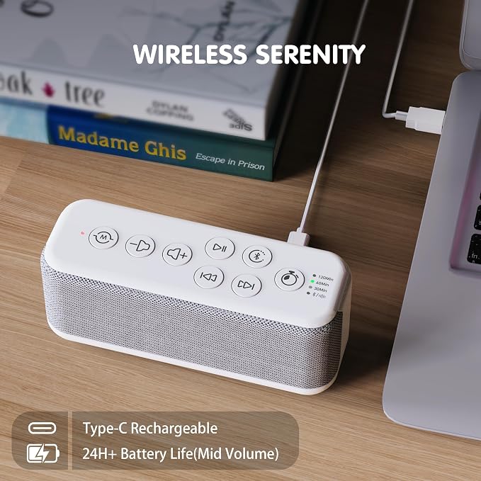 White Noise Machine, Bluetooth Speaker for Sleep, Sound Machine for Office | 15 Soothing Sounds, 3000mAh Battery with Type-C Charging, Auto-Off Timer, 8 Adjustable Volume Levels and Memory