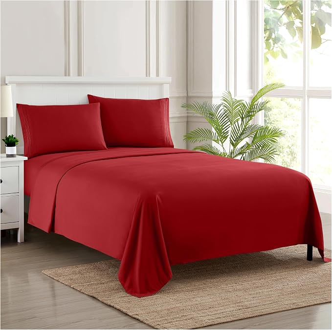 Twin Sheets - Breathable Luxury Sheets with Full Elastic & Secure Corner Straps Built In - 1800 Supreme Collection Extra Soft Deep Pocket Bedding Set, Sheet Set, Twin, Red