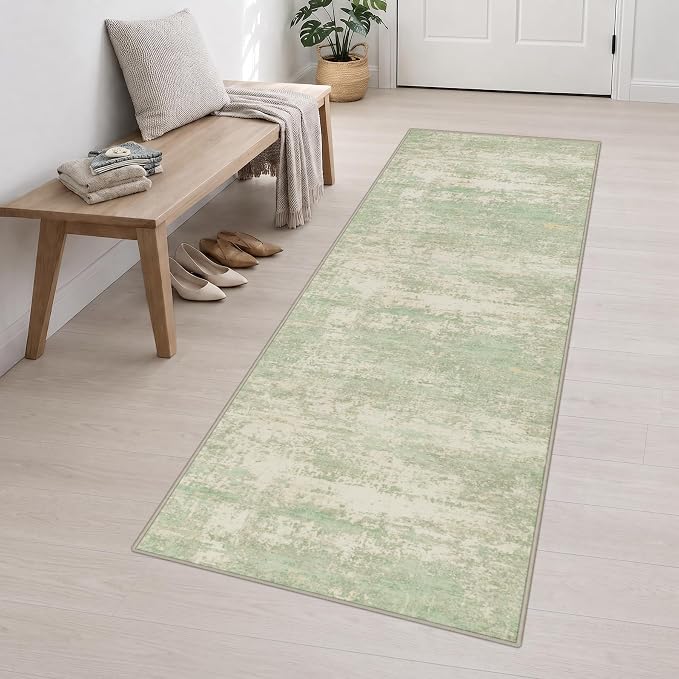 3x10 Washable Runner Rug：Modern Abstract Soft Carpet Green Cream | For Hallway, Bedroom, Kitchen, Laundry, Bathroom,Door Mat,Modern Abstract,Machine washable,Non-Slip,Stain Resistant,Indoor