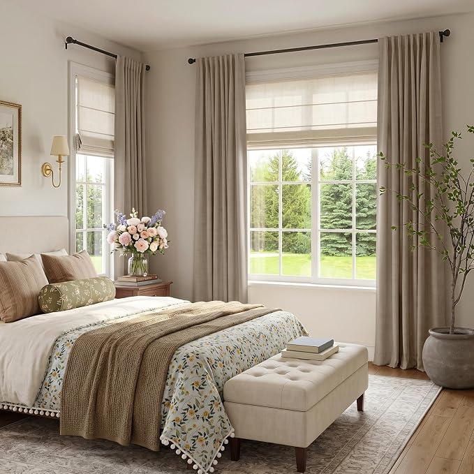 INOVADAY 100% Blackout Linen Curtains for Bedroom 50x90 Burlywood Birch | Linen Textured, Light Blocking, Room Darkening, Thermal Insulated, Back Tab Top, Window Curtains for Living Room, 2 Panels