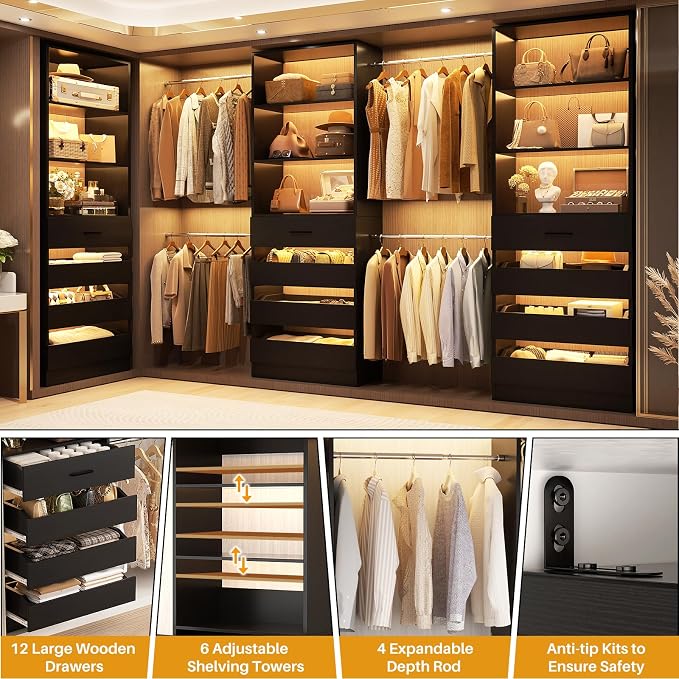 Aheaplus Closet System with 12 Drawers, 8.5-11.5Ft Wood Closet Organizer | Black Closet Storage with 4 Hanging Rods & 3 Towers, 4Ft & 6Ft L-Shaped Walk-in Closets Wardrobe Organizer, Set of 3