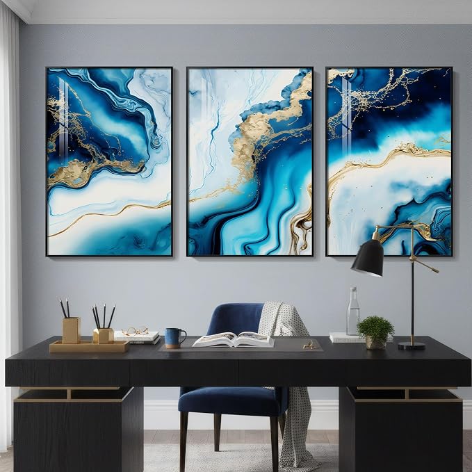 Large Framed Blue and Gold Abstract Wall Art for Living Room, 3 Piece 24x36 | Luxury contemporary pictures, Bright art prints, Modern paintings, Elegant artwork for walls, Wall decor for hallway office