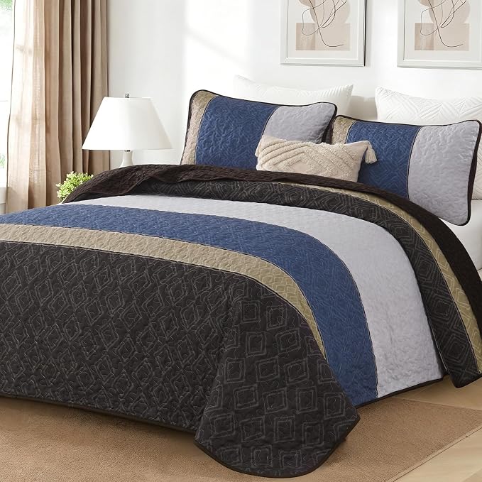 Cottolester Quilts Queen Size,Brown Blue Striped Bedspread Coverlet Set | Modern Striped plaid Pattern Design,Ultra Soft Lightweight Microfiber Quilted Bedding Sets for All Seasons 110"x90"