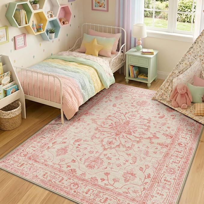 RELEANY Washable Area Rug, 5'x7', Pink/Light Vintage Pink | Non-Slip, Water Repellent, Pet Friendly, Easy to Clean, Vintage Floral Boho Decor for Living Room Bedroom Dining Room Office