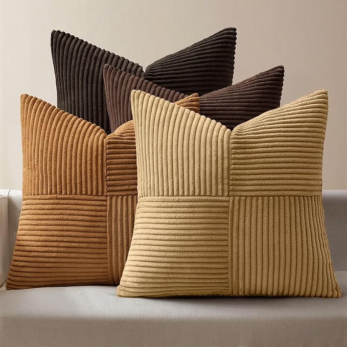MIULEE Boho Decorative Throw Pillow Covers 18x18 Set of 4 Farmhouse Neutral Cushion Cases Gradient Corduroy Pillow Cases Modern Soft Corduroy Patchwork Home Decor for Couch Sofa Bedroom Camel Brown