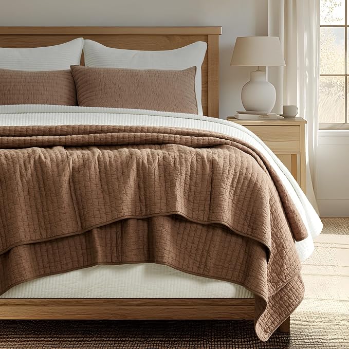 100% Cotton Cross Stitch 3-Piece Quilt Set, Queen, Camel Brown | 100% Cotton, Elegant Cross Stitch, Soft & Breathable, Prewashed Softness, Oversized Design, OEKO-TEX® Certified