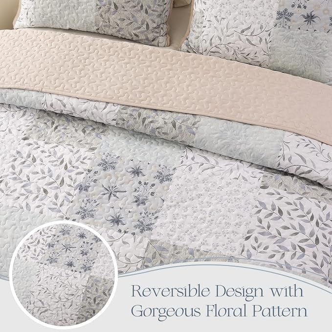 Exclusivo Mezcla Reversible Boho Quilts Twin Size Gray | Lightweight Soft Bedspreads, All Season Patchwork Coverlet Bedding Set, Printed Floral Pattern, 1 Quilt and 1 Pillow Sham