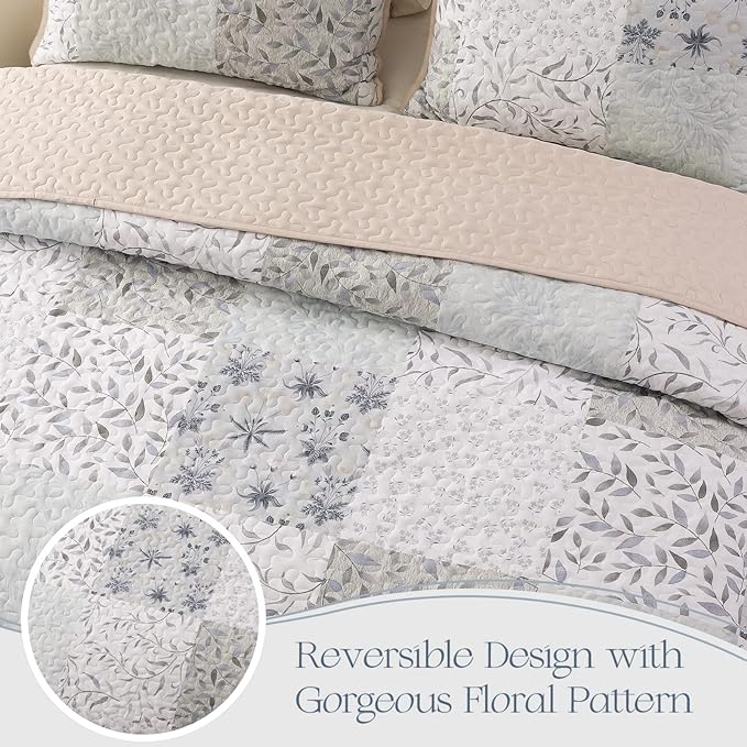 Exclusivo Mezcla Reversible Boho Quilts Full Size Gray | Lightweight Soft Bedspreads, All Season Patchwork Coverlet Bedding Set, Printed Floral Pattern, 1 Quilt and 2 Pillow Shams