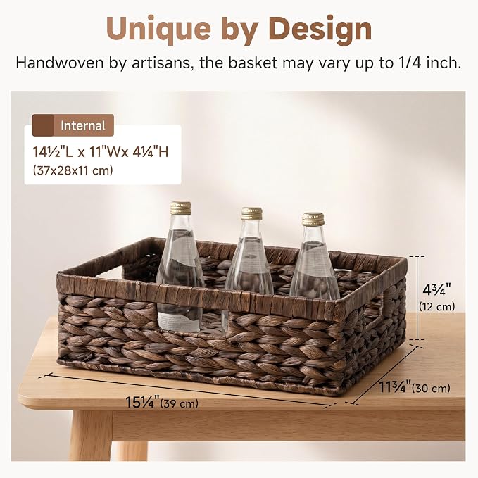 StorageWorks Large Wicker Storage Baskets for Shelves, Brown Baskets,1-Pack | Water Hyacinth Basket, Dark Brown Wicker Basket for Organizing,Pantry Organizers and Storage,Pantry Baskets,15¼" x 11¾" x 4¾"