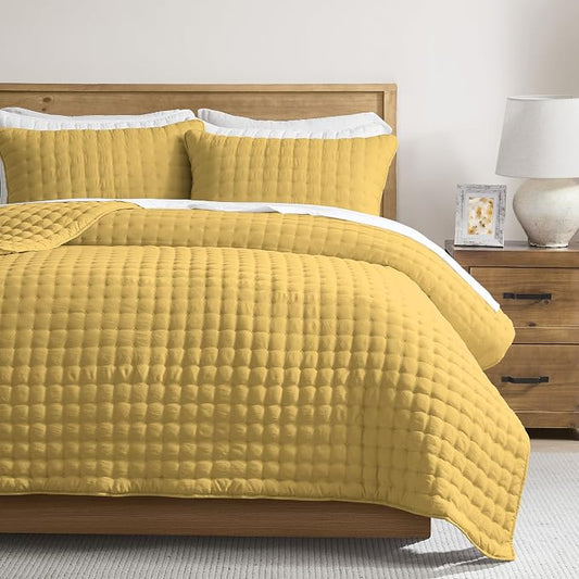WDCOZY King Size Quilt Bedding Sets with 2 Pillow Shams, Lightweight Soft Bedspread Coverlet, Quilted Blanket Thin Comforter Bed Cover for All Season, 3 Pieces, 104x90 inches, Yellow