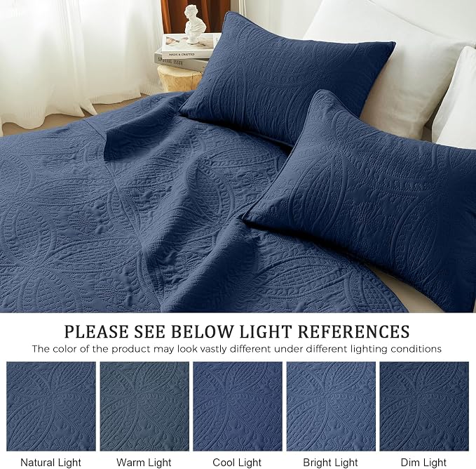 akkialla 118"x106" Navy California King Quilt Set, Oversized Floor-Length Bedspread, Modern Coin Pattern Microfiber Coverlet, 3-Piece All Season Bedding with 2 Pillow Shams
