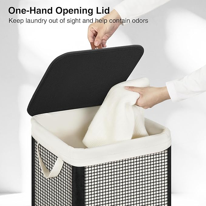 STO STO Laundry Hamper with Lid, 90L Sturdy Steel-Frame Clothes Hamper with Removable Washable Liner, Breathable Large Laundry Basket for Bedroom, Bathroom, Laundry Room, Dorm, Closet
