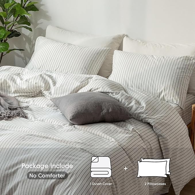 MooMee Striped Duvet Cover Set 100% Washed Cotton Linen Like | Relaxed Linen-like Texture. Soft, Breathable & Long-lasting Comfort. Lightweight. Hidden Zipper with 8 Interior Corner Ties