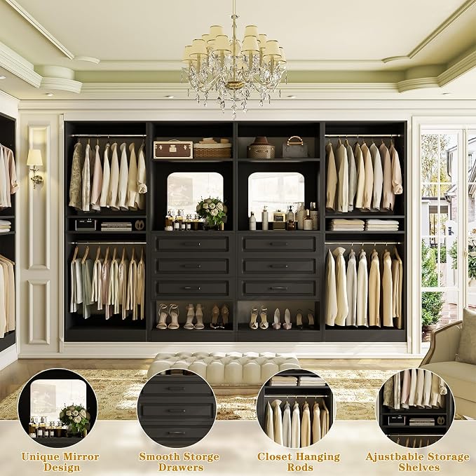 Unikito Closet System, 100" Closet Organizer with Drawers & Mirror, Black | Modular Wooden Walk-in Closet Wardrobe Organizer with Hanging Rods & Adjustable Shelves, Freestanding Garment Rack Tower