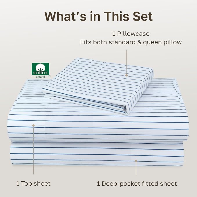 California Design Den 600 Thread Count Cotton Twin Sheet Set, 3 Pc Set | 100% Cotton Sateen Backed by Good Housekeeping Seal, Soft & Smooth, All-Around Elastic, Durable - Classic Blue Stripe Print