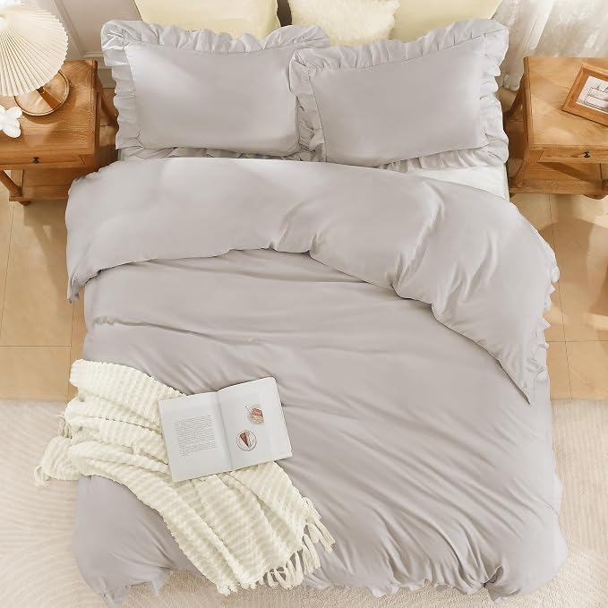 Andency Linen Ruffle Duvet Cover Full, Shabby Chic Farmhouse Bedding Set | 3 Pieces Soft Washed Polyester Vintage Ruffled Comforter Cover Set with Zipper Closure & Corner Ties, 79x90Inch