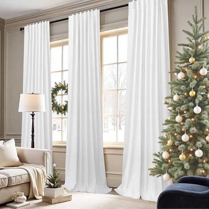 Black Out Curtains 63 Inch Long Small White Blackout Energy Saving Dining Room Darkening Curtain for Nursery Office Shabby Chic Faux Linen Kids Bedroom Curtains 63 Inch Length 2 Panels Back Tab Pocket
