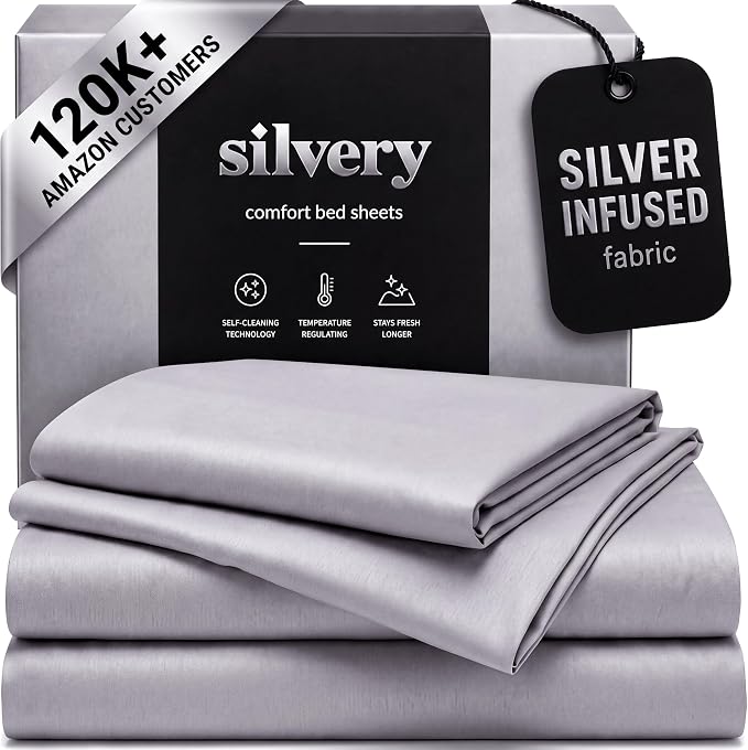 Silvery Silver Infused Bed Sheets Set - Ultra-Soft Temperature-Regulating Fabric with Self-Cleaning Technology™ That Stays Fresh 3X Longer for Hygienic Sleep - Ultra Soft Luxury Bedding Set