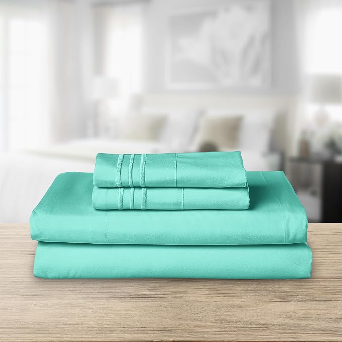 Elegant Comfort Luxurious 1500 Premium Hotel Quality Microfiber Three Line Embroidered Softest 4-Piece Bed Sheet Set, Wrinkle and Fade Resistant, King, Paradise Teal