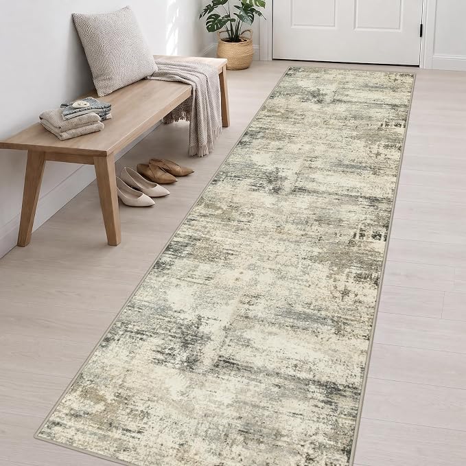 3x14 Washable Runner Rug：Modern Abstract Soft Carpet Ash Brown | For Hallway, Bedroom, Kitchen, Laundry, Bathroom,Door Mat,Modern Abstract,Machine washable,Non-Slip,Stain Resistant,Indoor