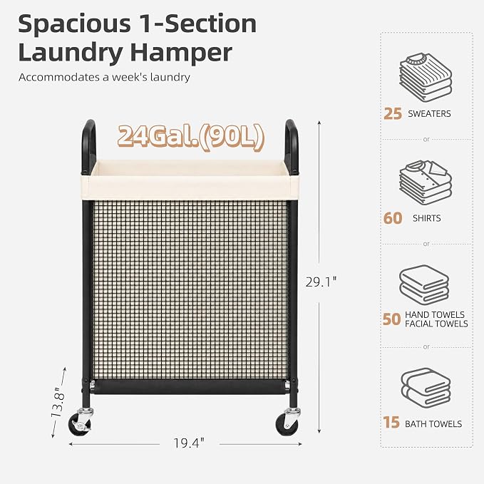 STORAGE MANIAC Rolling Laundry Hamper with Wheels 1-Section Laundry Sorter Rolling Laundrys Basket on Wheels with Removable Bag Clothes Hamper Laundrys Organizer Cart Bathroom Bedroom 90L Beige