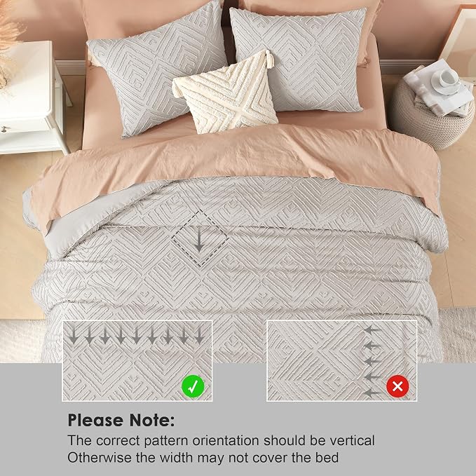 Litanika Super King Size Comforter Set, 3 Pcs Tufted Boho Bedding Set | Linen Grey Farmhouse Shabby Chic Vintage Bohemian Textured Aesthetic Soft Fluffy Lightweight Breathable All Season Bed Set