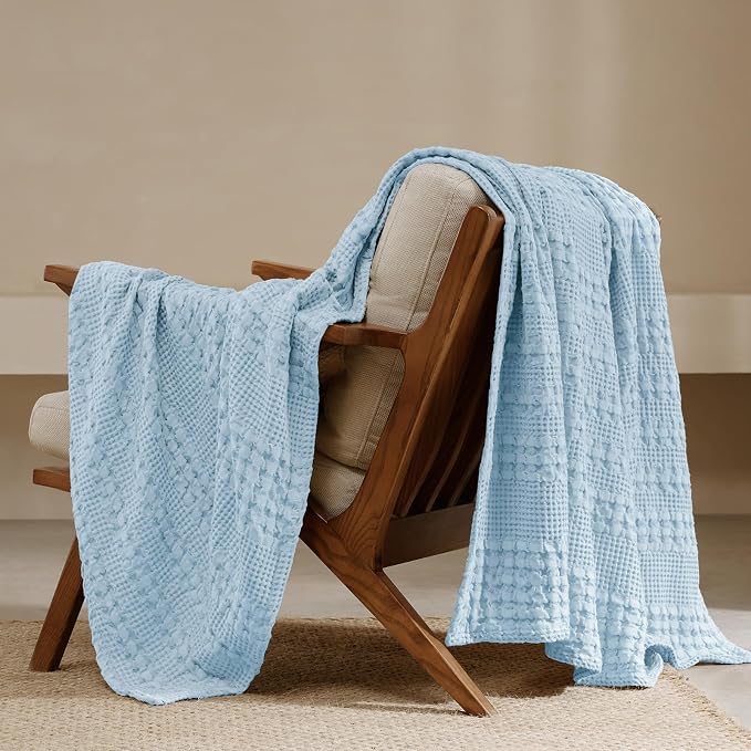 PHF Lightweight 100% Cotton Waffle Throw Blanket for Couch, Baby Blue | Pre-Washed Soft Cotton Comfort, Breathable Layering Warmth for Fall & Winter, Office, Travel, Sofa, Home Decor & Gifts