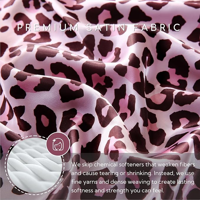 MR&HM Satin Sheets Twin XL Size with Elastic Corner Straps, Pink Leopard | Similar to Silk, 3-Piece Silky Soft Bed Sheet Set, Gentle on Skin and Hair, 15" Deep Pocket, Cooling & Breathable