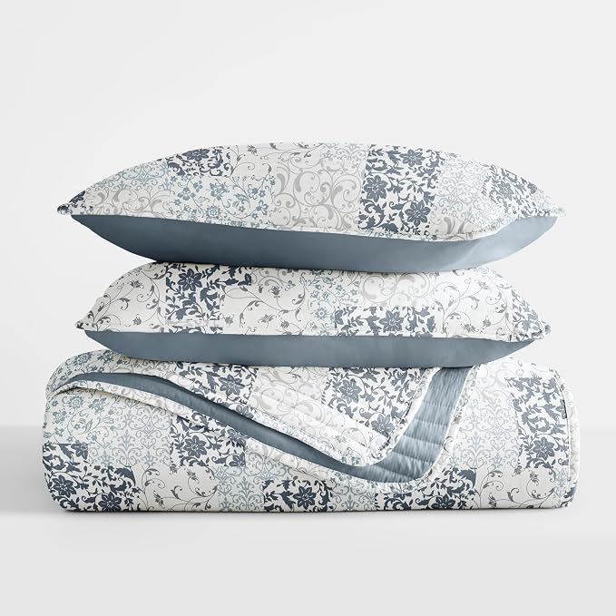 Merit Linens Soft Quilt Coverlet Bedding Set - Pattern/Solid Reversible - King/Cal-King Dusk Blue