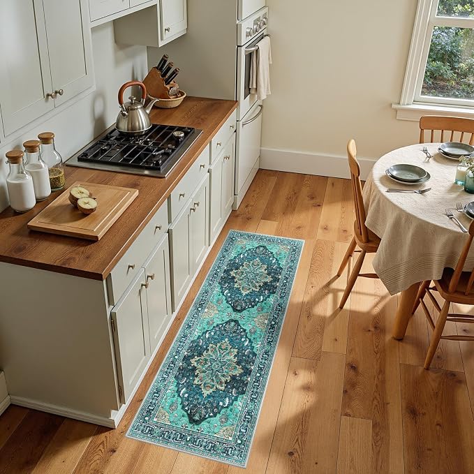 RELEANY Washable Area Rug, Runner 2'x5', Teal | Non-Slip, Water Repellent, Pet Friendly, Easy to Clean, Vintage Floral Boho Decor for Kitchen Entry Bedroom Bedside Laundry