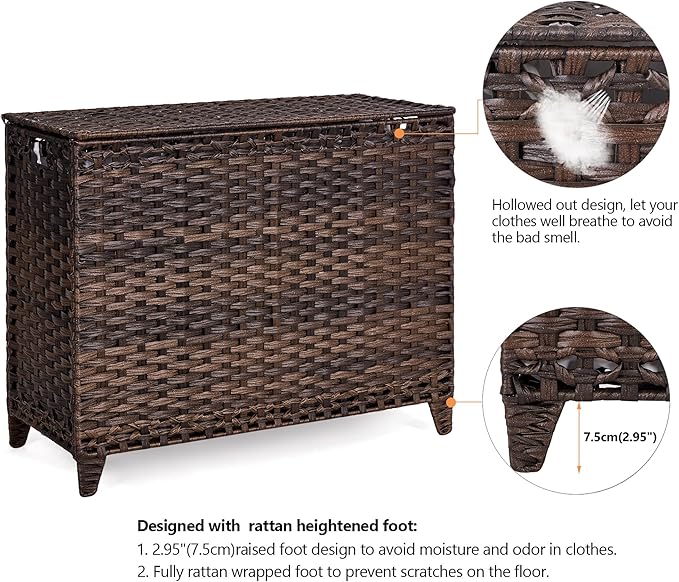 Laundry Hamper with 4 Removable Liner Bags, 176L Laundry Sorter with Lid | Raised Feet; Side Carry Handles; Handwoven PP Rattan; Rust-Resistant Iron Frame; Decorative Woven Design