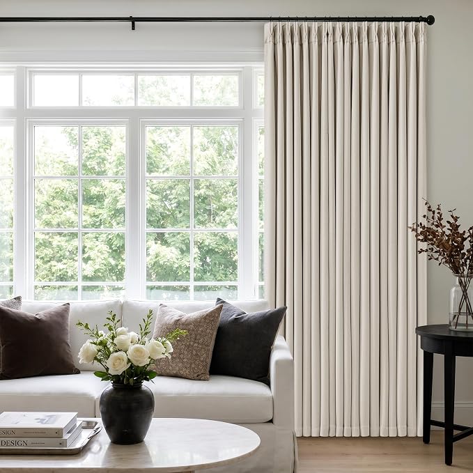 60 Inch Wide Pinch Pleated 100% Blackout Curtains 90 Inches Long, Natural | Memory Trained, Thick Linen with 2 Layer, Thermal Insulated Noise Reducing Light Blocking, for Living Room Bedroom 1 Panel