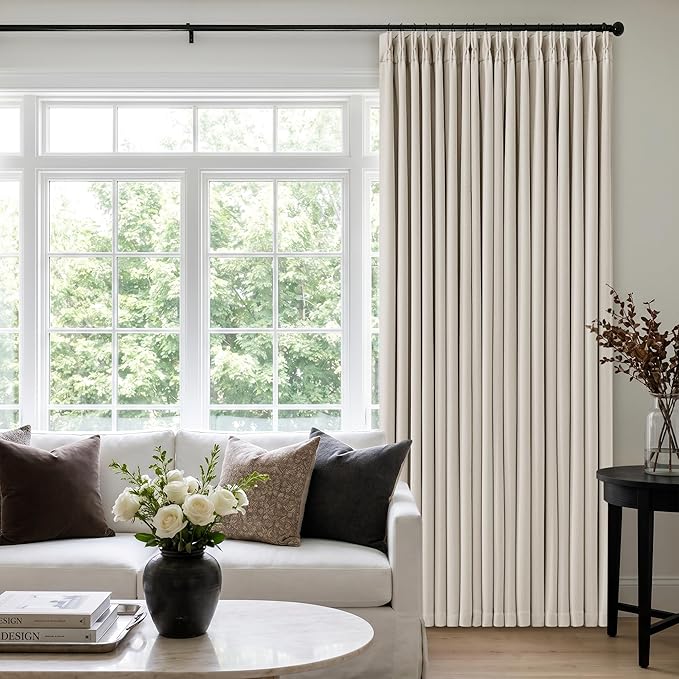 60 Inch Wide Pinch Pleated 100% Blackout Curtains 108 Inches Long, Natural | Memory Trained, Thick Linen with 2 Layer, Thermal Insulated Noise Reducing Light Blocking, for Living Room Bedroom 1 Panel