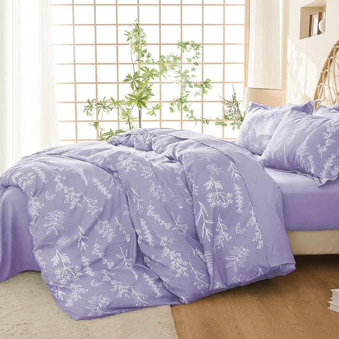 MUXHOMO Duvet Cover Twin/Twin XL Size Set, Reversible Floral Lavender Duvet Cover with Zipper Closure, 2 Pieces Botanical Patterns Soft Microfiber Bedding Set with 4 Ties (68"x90", 1 Pillow Case)