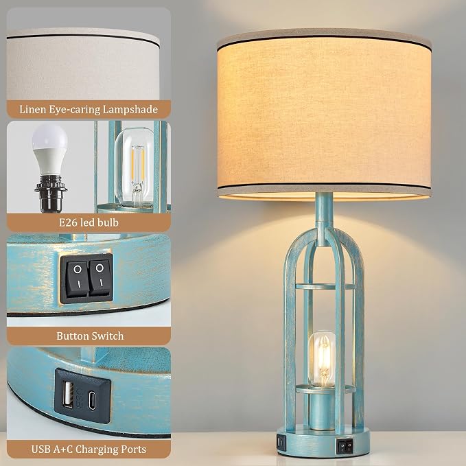SRJJA Table Lamps for Living Room Set of 2 - Modern Farmhouse Lamps for Night Stands with Night Light & USB A+C, 24" Vintage Bedside Lamp for Bedroom, Bulbs Included