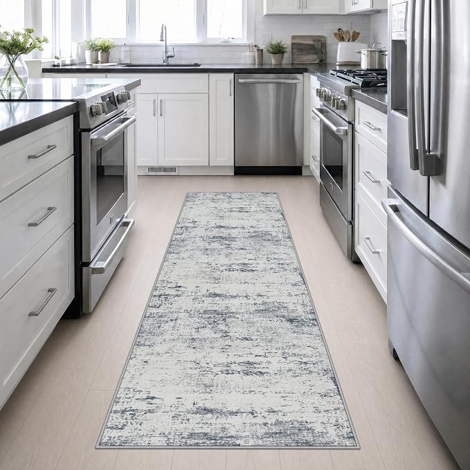 2.6x10 Washable Runner Rug:Modern Abstract Soft Carpet Blue Grey | For Hallway, Bedroom, Kitchen, Laundry, Bathroom,Door Mat,Modern Abstract,Machine washable,Non-Slip,Stain Resistant,Indoor