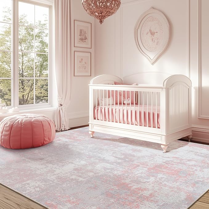 RELEANY Washable 8'x10' Abstract Area Rug for Living Room Gray Pink | Carpet for Bedroom, Kitchen, Office, Hallway and Entryway, Printed Pattern, Non‑Slip, Soft, Stain‑Resistant, Easy to Clean